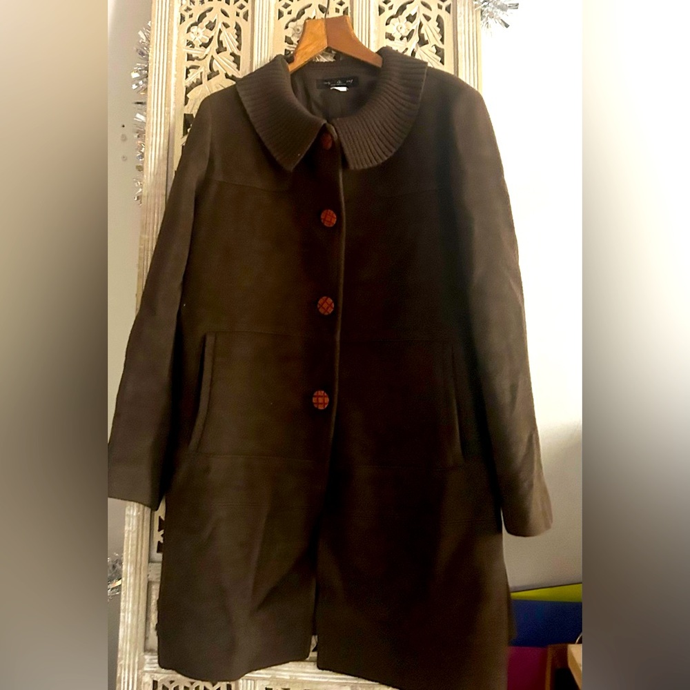 Dark Chocolate Brown Wool Tailored Mid  Length Coat Waffle Buttons Ribbed Collar